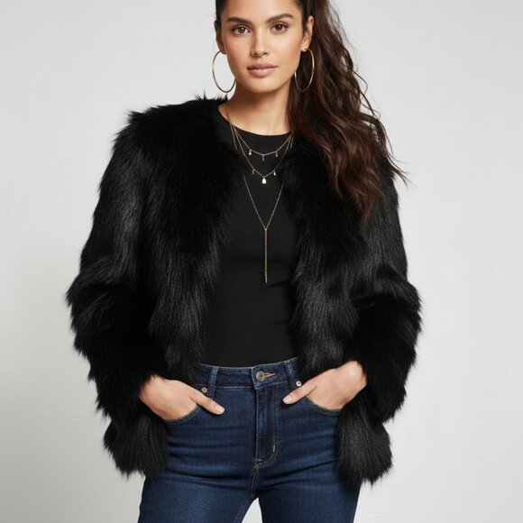 H&M Black Faux Fur Soft Winter Coat Size Large - Picture 2 of 5